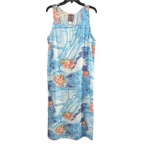 Vintage Hawaiian Made Whoola's Beach Boats Tropical Blue Print Rayon Dress L